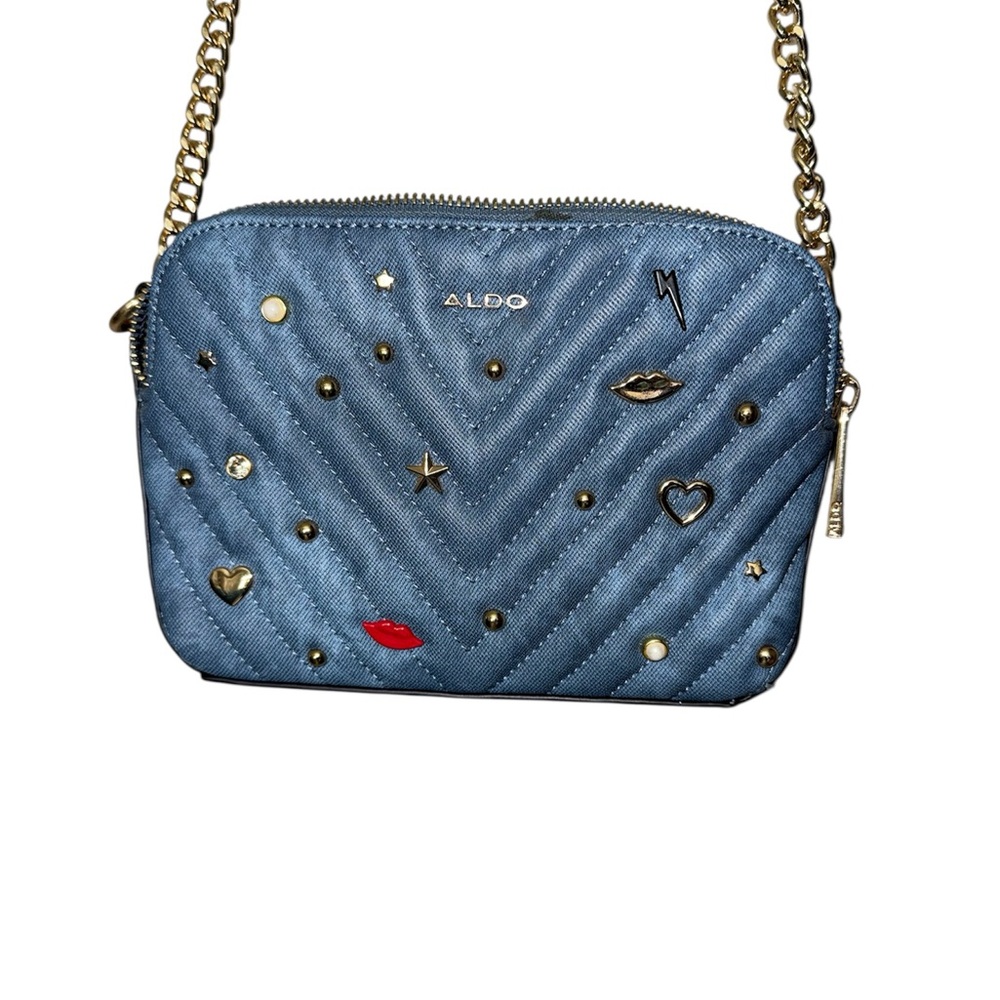 ALDO Blue Quilted Studded Mini Crossbody Bag – Gold Chain Strap –Purse